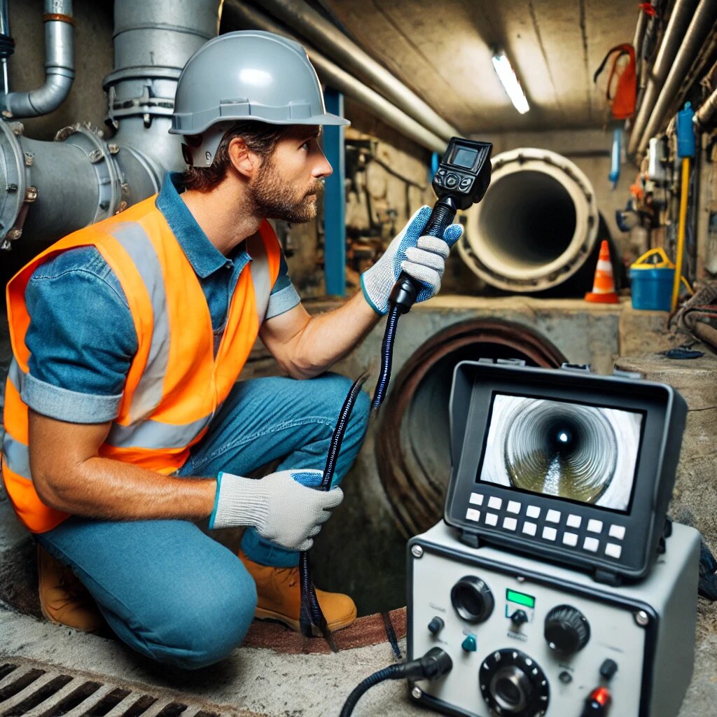 DALL·E 2025-03-17 17.09.43 - A professional worker inspecting pipes and sewers using a TV camera. The worker is wearing a safety vest and helmet, inserting a flexible camera cable